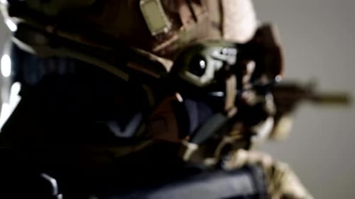 Two Ukrainian Soldiers Defending Independence of Country Warriors with Guns in Studio