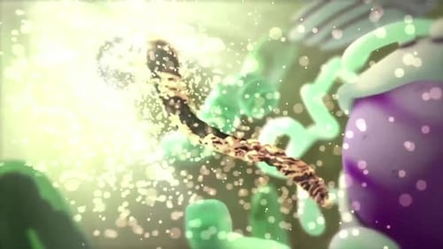 Vibrant microscopic view of cell structure with glowing particles