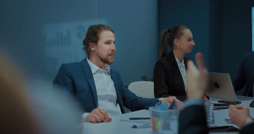 Office Workers Communicating in Business Meeting in Conference Room Male Expert Talking Prores