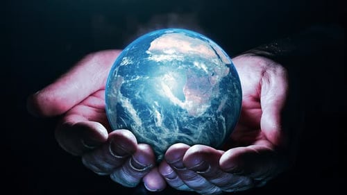 Glowing Earth Sphere Held in Human Hands Animation