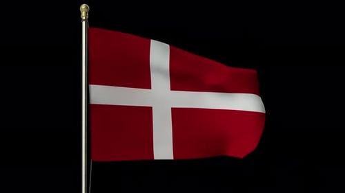 Waving Denmark Flag on Golden Flagpole with Alpha Channel