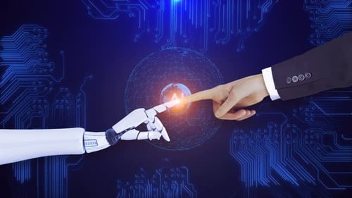 Human and Robot Hand Touching AI Technology Connection