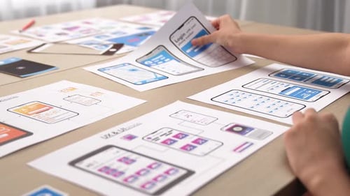 Panorama video of startup company employee plann on user interface. Synergic