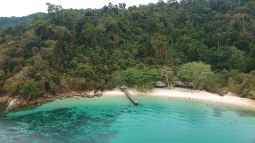 Aerial drone shot of a secluded beach on the edge of the rainforest in Borneo