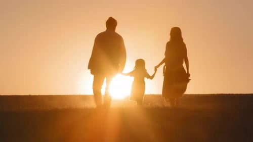 Back View From Behind Silhouettes of Three People Walking Going Family in Yellow Golden Sunbeams