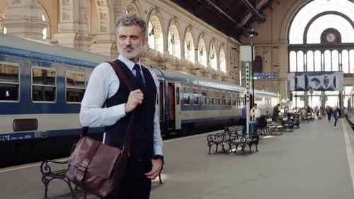 Mature businessman confidently waits for his train at budapest railway station