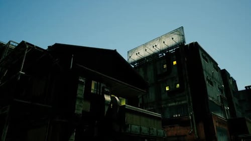 Silueta de edificio antiguo bajo un cielo despejado con ventanas brillantes al anochecer