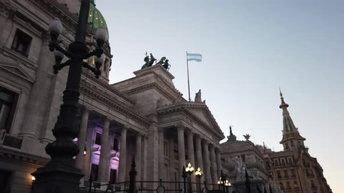 Twilight view of the National Congress of Argentina with illuminated facade