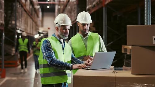 Two Workers Using Laptop in Logistic Centre to Checking the Orders Before Deliveries