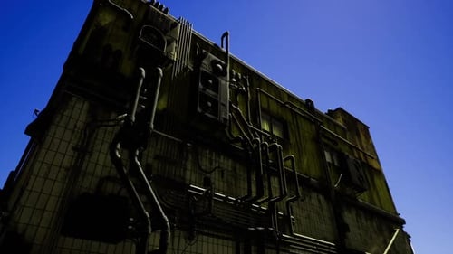 Gritty Industrial Building Facade with Detailed Pipes and AC Units