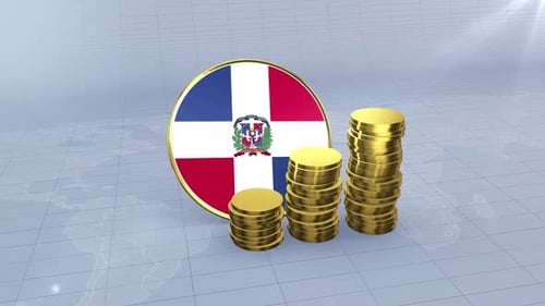 Dominican Republic Flag With Plain Gold Coins Tower