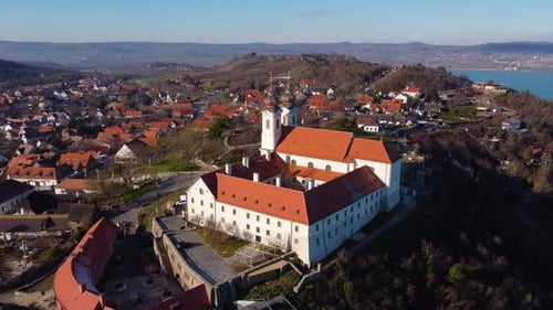 Orbit of Tihany Monastery chapel and terraced landscape