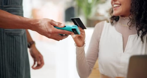 Hands, pos and credit card for payment in coffee shop, ecommerce and transaction on electronic
