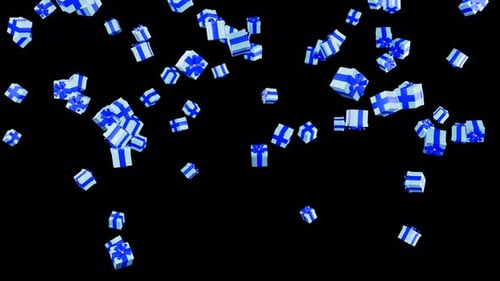 Present boxes falling from sky. 3D rendering. Alpha channel. 4K