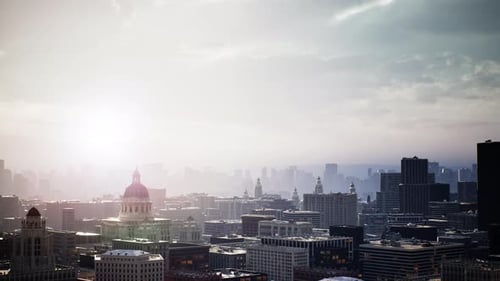 City Awakens Under Sunrise Haze with Serene Ambiance Present