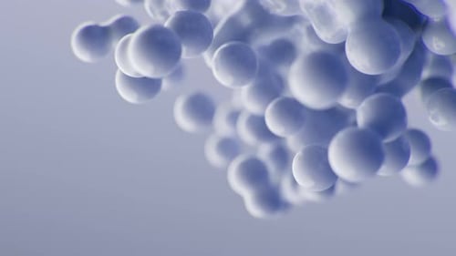 Metaballs abstractas en cámara lenta, animación de renderizado 3D, bolas metabólicas azules y violetas voladoras, moléculas en movimiento