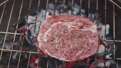 Fresh Seasoned Ribeye Steak Raw Piece of Meat is Placed with Tongs on the Grill Grate Close Up