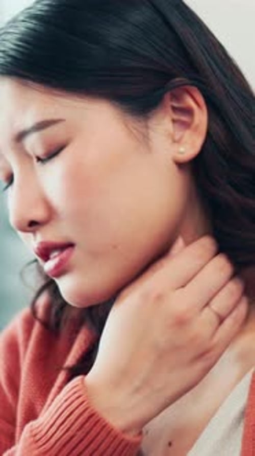 Stress, woman and massage neck pain in home for muscle cramp, stiffness and pinched nerve
