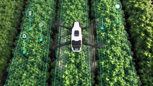 Drone Over Green Agricultural Field with Digital Technology Icons