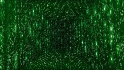 Futuristic Digital Matrix Tunnel: Green Binary Code Rain with Glowing Light and Abstract Data Flow