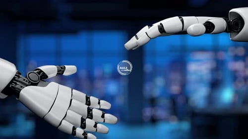 Futuristische Roboterhände greifen nach technologischer Schnittstelle und symbolisieren agile Innovation und Co.