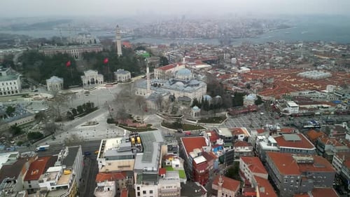 Beyazit mosque with the wide view of the Istanbul delta drone flying left shot
