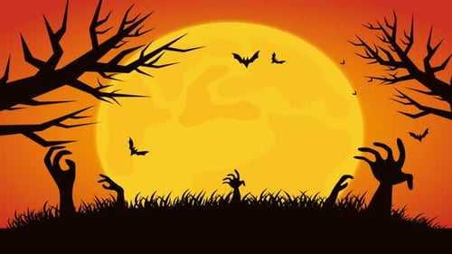 Animated Happy Halloween Sign Reveal with Spooky Zombie Hands and Bats