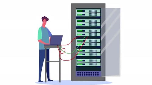 2D Engineer Working On Computer Server Rack Switchboard 4K