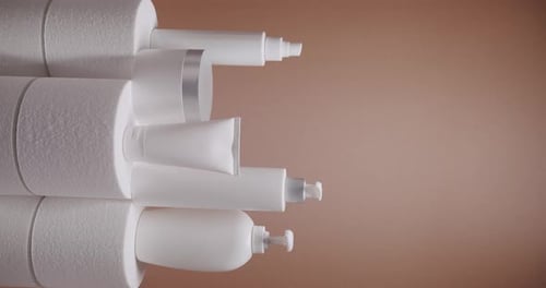 White Bottle and Tubes for Cosmetics on a Brown Background in Studio