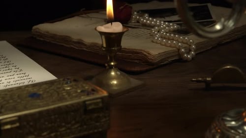 Old Desk with Book and Candle Still Life