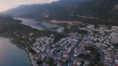 Aerial the City of the Sea Rocky Coast with Yachts at Sunset