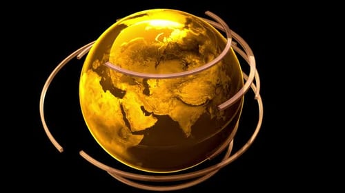 Abstract Golden Earth Globe with Rotating Orbital Rings