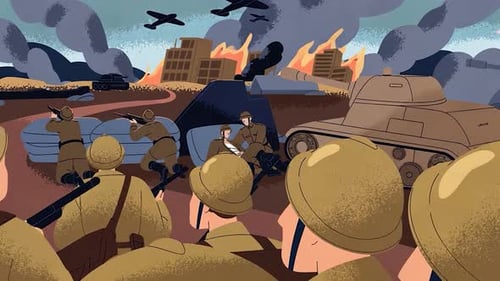 World War Battlefield Scene with Soldiers, Tanks & Burning City - Armed Troops - Vintage Style