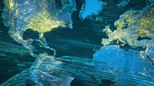 Digital Earth Global Network with Animated City Lights and Data Flow