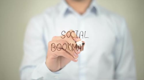 Social Bookmarks Man Writing on Transparent Screen