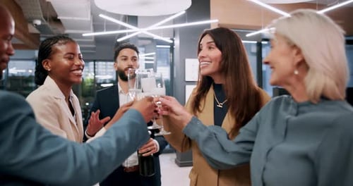 Business, people and toast with champagne in office for celebration and achievement
