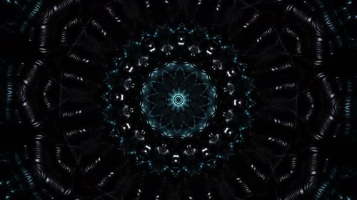 Black and blue circular design with black background. Kaleidoscope VJ loop