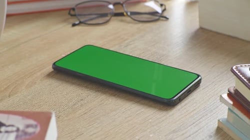 Close up of a mock up green screen chromakey smartphone on a desk at the office