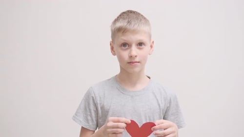 Young Boy Holding Red Paper Heart Indoors