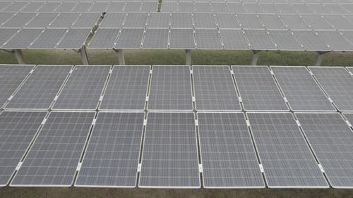 Topview of photovoltaic power plants, Photovoltaic solar system for alternative energy, drone view.