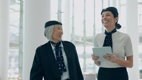Flight attendant, team and women walking and talking on a conversation at an airport planning
