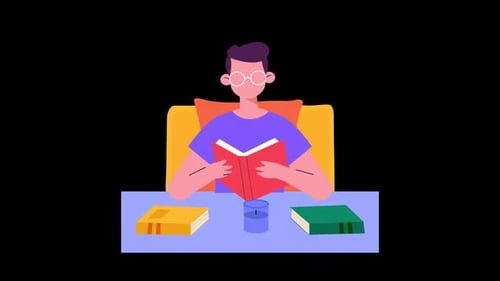 Flat Design Animation of a Person Reading Books