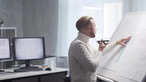 Un architecte concentré travaille dans un loft à l'aide d'une planche à dessin sur le lieu de travail d'un jeune ingénieur moderne