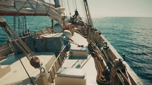 Big Sailing Boat Moves in the Open Sea