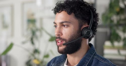 Happy, businessman and agent talking with headset for online advice or consultation at call center
