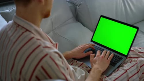 Freelancer browsing web green laptop screen closeup at quarantine home office