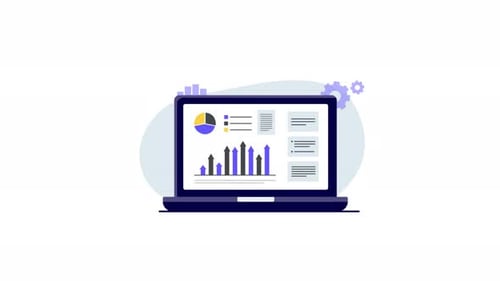 Animated Laptop with Business Data and Corporate Analytics Dashboard