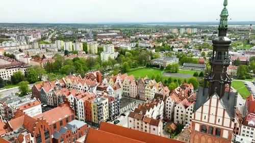 Aerial view of a European city with historic architecture and green parks in Elbląg - Cathedral
