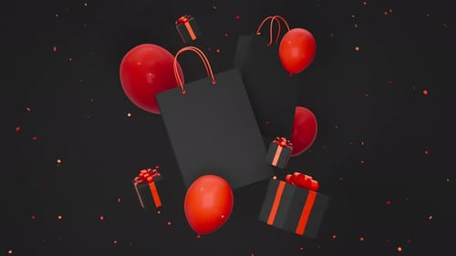 Black Gift Boxes Shopping Bags Red Balloons and Confetti Floating Against Dark Background Shopping
