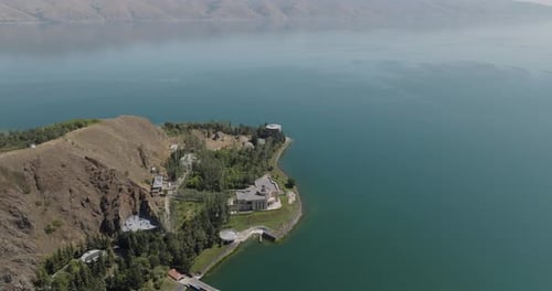 Aerial view of buildings at Lake Sevan, Armenia.